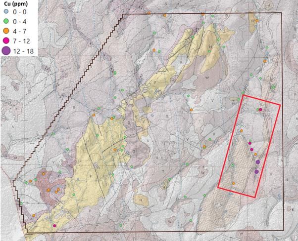 Figure 2: Cu stream sediment results identify 7km long, low amplitude anomaly associated with contact of locally graphitic siltstone siltstone&quot; (unit J) with overlying arkosic quartzites and conglomerates (unit K)